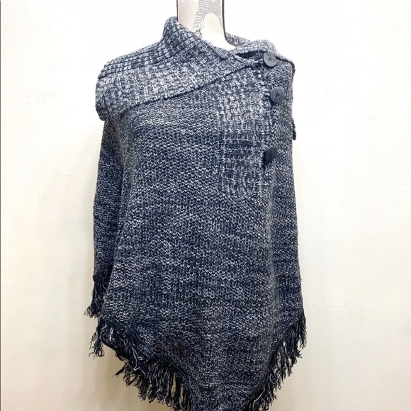 Le Chateau Women’s Fringed Knit Poncho Tweed Black Grey S-M - Picture 1 of 10